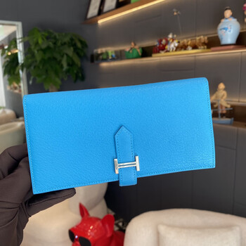 Second-hand 99 new hermes h wallet 7b turquoise blue goatskin silver buckle second-hand luxury goods