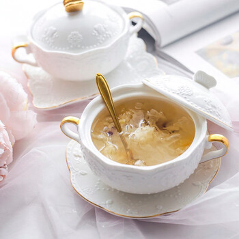 Jiayi chulian water-proof stew bowl, bird's nest bowl, gold-painted double ear bowl, dessert bowl, steamed egg bowl, ceramic bird's nest bowl, white fungus bowl, soup cup, gold-top covered bowl + butterfly gold rectangular plate + gold cherry blossom spoon