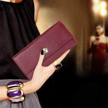 Sephoron 2026 autumn and winter new genuine leather long small wallet soft cowhide for mobile phones fashionable and versatile camellia money wallet burgundy