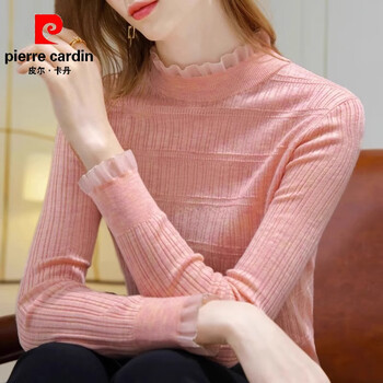Pierre cardin bottoming shirt for women with fashionable western design knitted sweater top for women in spring and autumn versatile half-high collar slimming pink s