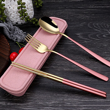 Winterpalace portable tableware three-piece set, stainless steel chopsticks, soup spoon and fork, adult student tachyon storage box, personal use, pink gold (chopsticks, spoon and fork box)