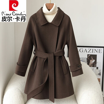 皮尔卡丹(pierre cardin)双面羊绒大衣女中长款2025秋冬新品修身感小个子羊毛呢外套女 巧克力色 100精选澳洲羊毛 s 100-125斤