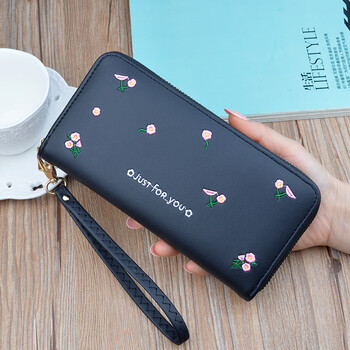 Fabric simple women's wallet long zipper fashion embroidered money clip 2024 european and american large capacity soft leather hand mobile phone bag black