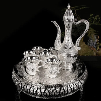 Le hongjun high-end sterling silver wineware and flask set, antique-style wine glasses, home liquor, chinese wineware, wine ornaments, gifts, peacock eight-piece set