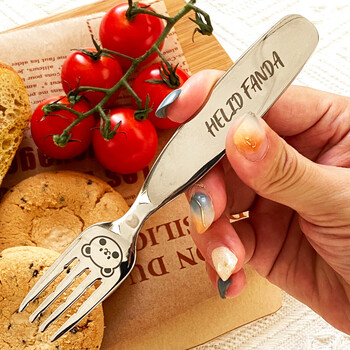 Worthbuy 304 stainless steel children's spoon and fork, baby eating spoon, kindergarten spoon, cute spoon, small fork, tableware set, bear style - natural color fork