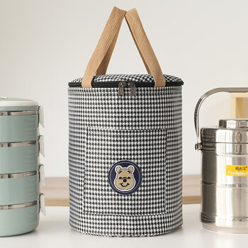 Yuhua round insulated lunch box bag aluminum foil thickened handbag for office workers with rice bucket round insulated bear label houndstooth medium diameter 18 height 24 cm