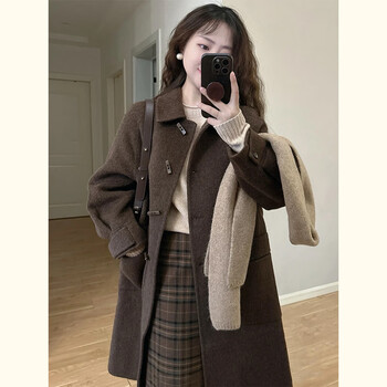 Angel mood coffee color woolen coat for women spring and autumn new korean style horn button mid-length small woolen coat for women winter dark coffee color xs