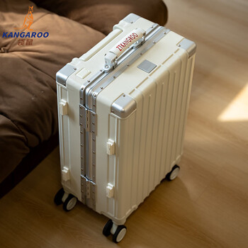 Kangaroo (kangaroo) aluminum frame suitcase, thickened retro leather hand-held trolley case, business durable, seatable hard shell password suitcase, buckle moonlight white, cup holder + usb + bracket, 24 inches, short distance trip, double enclosed dry and wet separation