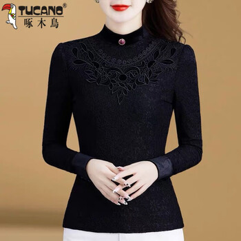 Woodpecker black half turtle collar lace bottoming shirt women's long sleeve top 2025 autumn and winter plus velvet thickened warm slim top black velvet l