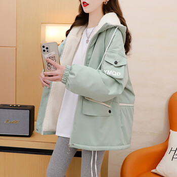 Bmoi velvet thickened hooded work jacket for women 2025 new autumn and winter style loose design style overcoming light green velvet thickened l suitable for 120-150 pounds