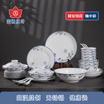 Hongye (rl) jingdezhen chinese porcelain souvenir high-end tableware dishes complete set of ceramic chinese style housewarming wedding gift (orchid kapok) chinese porcelain red leaves orchid kapok gift box 16 pieces