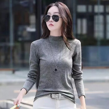 Oriental duck 100% pure cotton half-high collar long-sleeved t-shirt for women autumn and winter new solid color slim fit threaded bottoming shirt medium gray xl recommended 115-125 catties