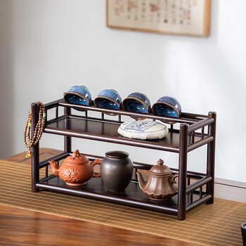 Qicaoyuan tea cup rack desktop storage rack tea table small ancient rack tea set ornaments tea can chinese display storage rack 40 long ancient flavor cup rack double layer with drain