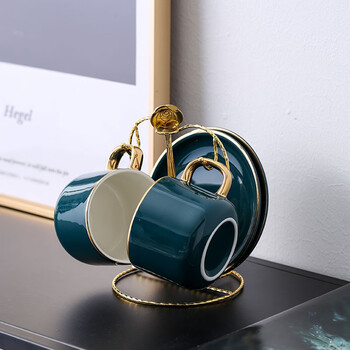 Mongdio ceramic coffee cup set european latte cup large capacity hanging ear american afternoon tea cup and sauce navy blue 2-piece set heart-shaped stand (plum blossom spoon)
