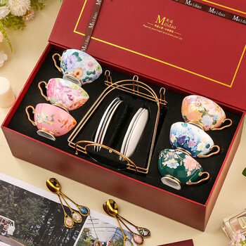 Meidao romantic spring and summer bone china coffee cup gift box for afternoon tea ceramic cup wedding gift for couple romantic spring and summer - 6 cups and saucers + arch stand - wine red gift box