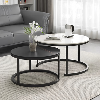 Kunfeng coffee table living room modern sofa side table home light luxury high-end small apartment balcony simple round small table white 50cm + black 36cm combination style black frame