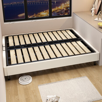 No bedside solid wood frame bed frame steel frame small apartment simple bedroom flush with customizable size retractable feet bed frame off-white with steel wood bed board (floating feet/edge feet optional) 1.5m*2.0m