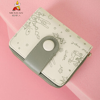 Scarecrow wallet women's short genuine leather women's wallet card holder all-in-one new cowhide graffiti zipper small coin purse 5 card slots light green 5 card slots