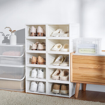 Tenma tianma double-door shoe box plastic combined shoe cabinet shoe storage box transparent side opening storage shoe box shoe box 1 pack off-white 26*33*15.5cm