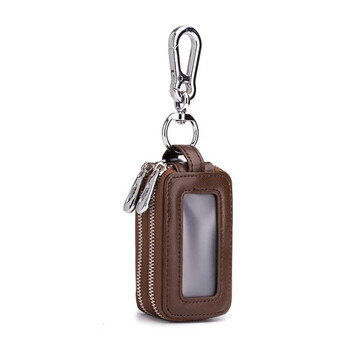 Sharelove cowhide car key bag universal men's waist hanging genuine leather double-layer zipper transparent key bag large capacity new style soft brown