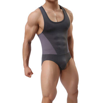Fearless captain men's stretch tight sports fitness running yoga gymnastics breathable body shaping vest triangle jumpsuit gray l