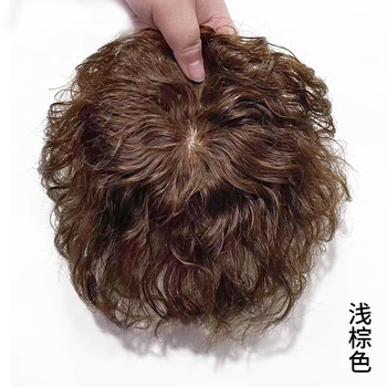 Tangni's wig piece, real hair piece, one-piece cornrows for middle-aged and elderly people with short curly hair, hair replacement piece to cover gray hair, hand-twisted needle 12*12, light brown