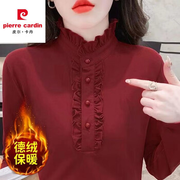 Pierre cardin middle-aged mother's m-dress velvet thickened bottoming shirt for women autumn and winter new style fungus edge warm and stylish inner stand-up collar top p138# wine red double-sided german velvet thickened 4xl recommended 145-160 pounds