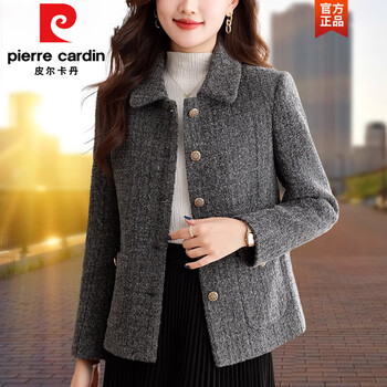 Pierre cardin small fragrant style short coat for women 2025 new autumn and winter warm and loose temperament short woolen top mommy outfit gray 2xl 125-140 catties