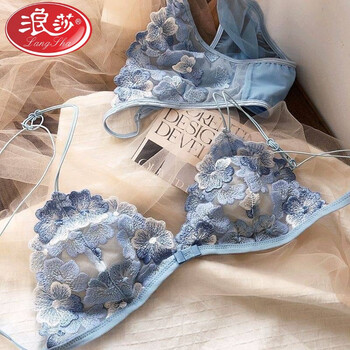 Langsha french sexy beautiful back thin strap small chest transparent lace underwear women's wire-free ultra-thin triangle cup bra set blue single bra l-36/80ab comfortable and light