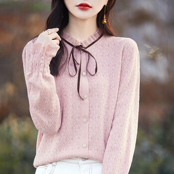 Luo meng spring and autumn new round neck cardigan women's long sleeve slim slim sweater half inner knitted cardigan bottoming shirt 2025 pink m