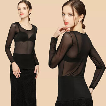 Ming ge mesh bottoming shirt, mesh women's long-sleeved lace round neck, mesh see-through slim bottoming mesh sand t-shirt, black, single layer front and back m