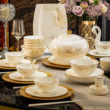 Weizun jingdezhen chinese dishware set, light luxury, high-end housewarming and wedding gift, bone china tableware, ceramic bowls and chopsticks set, qingcheng deluxe edition gift box, 60 pieces