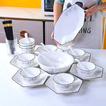 Huaiyi porcelain huaiyi ginkgo blossom bowl, plate, chopstick set high-looking ceramic tableware hexagonal plate reunion set ginkgo blossom 40-piece set
