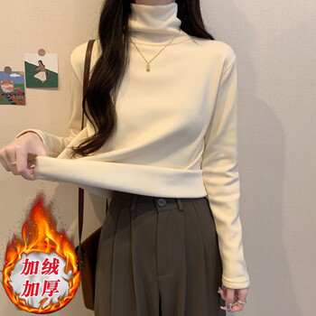 Samyi turtleneck basic solid color bottoming shirt for women with german velvet inner layer 2023 autumn and winter plus velvet thickened warm top long-sleeved t-shirt apricot 280g german velvet m