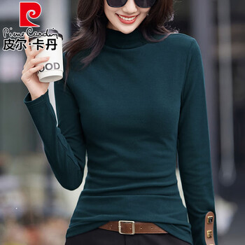 Pierre cardin medium half turtleneck double-sided german velvet bottoming shirt for women in autumn and winter, 2026 new style plus velvet and thickened leather style top, dark green, half turtleneck s