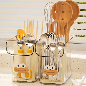 Cute chopstick tube for home kitchen creative compartmentalized chopstick storage box drain chopstick cage soup spoon basket high-looking chopstick holder transparent white (with stickers) 1 pack