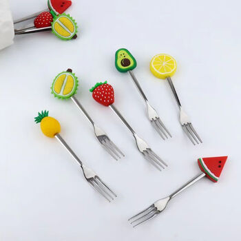 Huilv ins high-looking 304 stainless steel silicone fruit fork internet celebrity children's dessert fork and fruit insert set 304 fruit fork 6-pack 90% choice