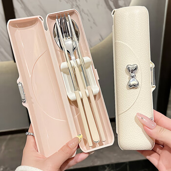 Yu boyan high-looking chopsticks and spoons set 304 stainless steel portable tableware single box for primary and secondary school students, bow milk white tableware three-piece set, chopsticks, fork and spoon