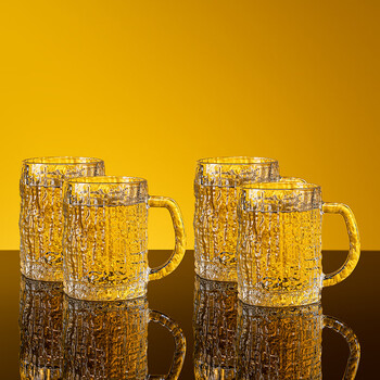 Flower language four seasons transparent beer mug with handle for household large capacity light luxury glass draft beer internet celebrity glacier cup bar wine glass commercial glacier pattern beer cup 300ml 4 pieces