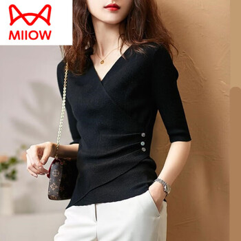 Catman wrap-style v-neck five-point mid-sleeve light luxury women's spring and summer new fashion slim sweater bottoming versatile ladies black mid-sleeve xl