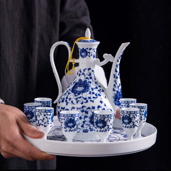 Jujunge jingdezhen blue and white porcelain ceramic wine set household chinese antique wine set flask tall white wine cup tray rich lotus style