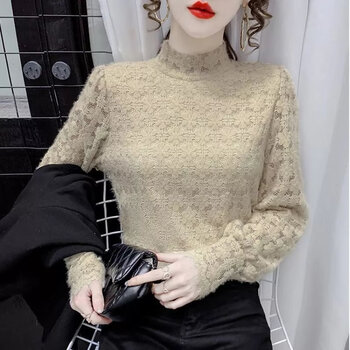 Langwei feiere half-high collar plus velvet thickened lace shirt women's bottoming fashionable inner shirt spring autumn winter fashionable temperament top khaki lace (spring and autumn) l 110-125 pounds