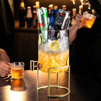 Gnas beer bucket glass kettle with faucet fruit cola internet celebrity wine cannon beer ice bucket bartending commercial bar barware amber style 5l crystal handle + gold frame 304 stainless steel faucet