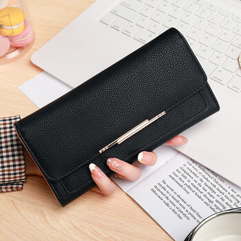 Kuqidaishu chinese valentine's day women's wallet three-fold lychee pattern women's korean style fashionable multiple card slots can hold mobile phones atmosphere wallet black 19.9*9*3