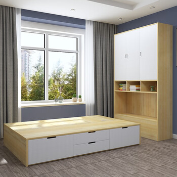 Pingziji small apartment tatami bed bedroom storage high box storage bed standing cabinet wardrobe bed enf grade paint-free board customization yellow oak color 1.5m tatami + standing cabinet