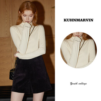 Kuhnmawi basic half-high collar long-sleeved t-shirt for women 2024 autumn new slim-fitting printed inner base shirt k35275 beige l