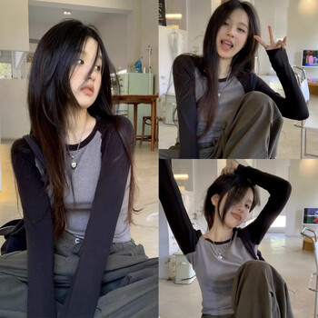 Yu zhaolin long-sleeved right shoulder t-shirt contrasting color 2024 spring autumn winter new style inner threaded cotton inner base layer tops for women