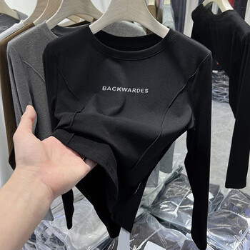 Ouyunde short velvet inner long-sleeved t-shirt women's niche new autumn and winter style versatile bottoming shirt slim warm top black xl recommended 110-125 pounds