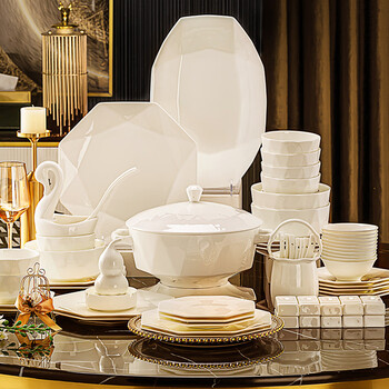 Nine cranes high-end bowl and dish set household bone china bowl and plate pure white housewarming gift jingdezhen tableware complete set light luxury 80 pieces set for 10 people high-end brocade box