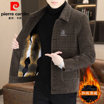 Pierre cardin winter velvet thickened woolen jacket men's trendy handsome casual short warm woolen coat jacket for men coffee color plus * velvet warmth xl 125-140 catties